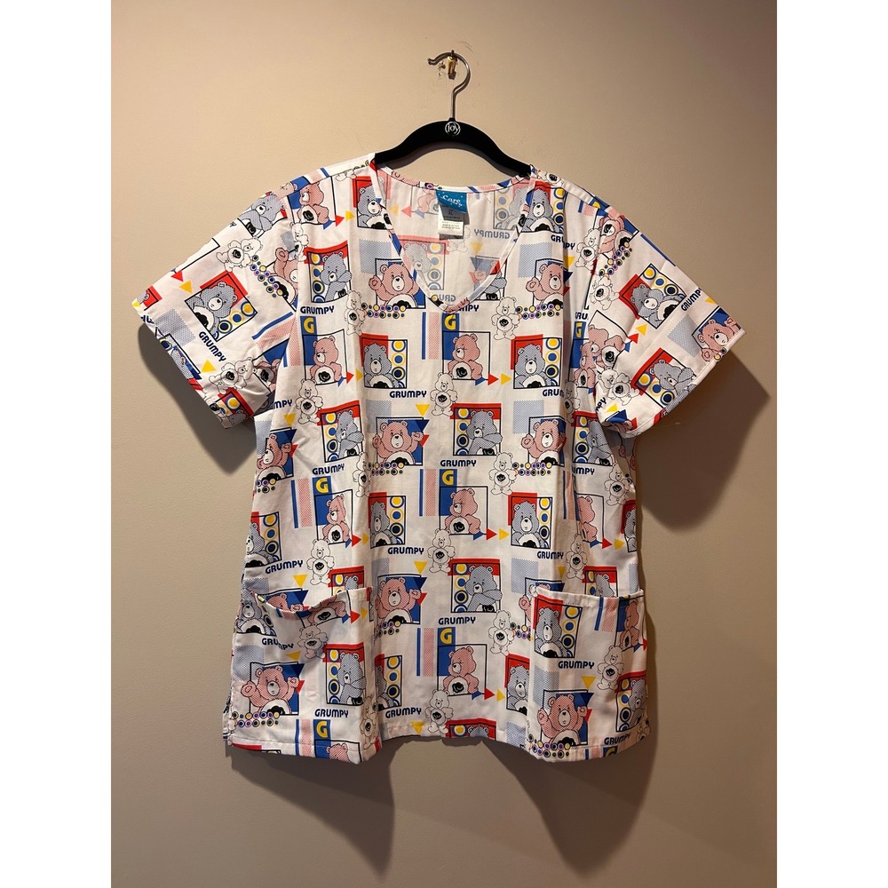 Care Bears Scrub Top Womens White XL Pockets Nursing 80s Scrubs Short Sleeve